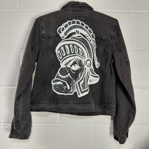 Ashley Vintage Charm Womens Black Denim Custom Spartan Painted Jean Jacket LARGE
